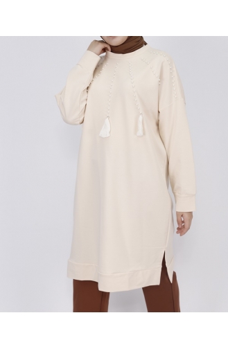 2 İp Kumaş İnci Ve Püskül Detaylı Sweatshirt 6950-01 Bej