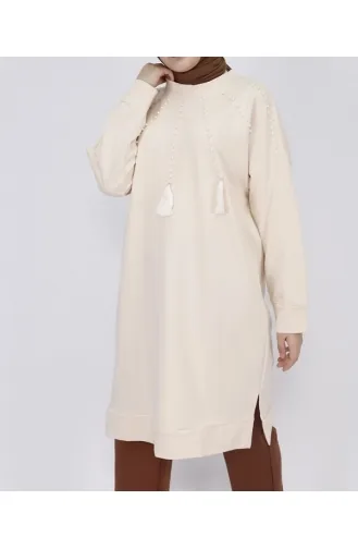 2 İp Kumaş İnci Ve Püskül Detaylı Sweatshirt 6950-01 Bej