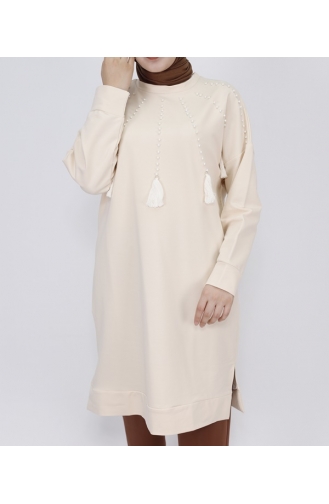 2 İp Kumaş İnci Ve Püskül Detaylı Sweatshirt 6950-01 Bej