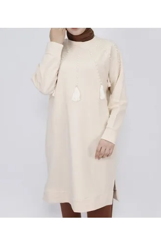 2 İp Kumaş İnci Ve Püskül Detaylı Sweatshirt 6950-01 Bej