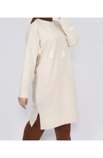 2 İp Kumaş İnci Ve Püskül Detaylı Sweatshirt 6950-01 Bej