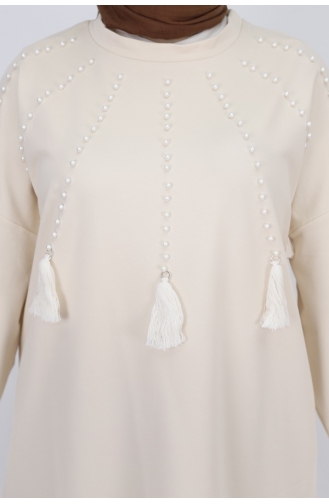 2 İp Kumaş İnci Ve Püskül Detaylı Sweatshirt 6950-01 Bej