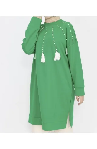 2 İp Kumaş İnci Ve Püskül Detaylı Sweatshirt 6950-02 Yeşil
