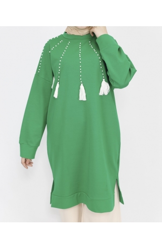 2 İp Kumaş İnci Ve Püskül Detaylı Sweatshirt 6950-02 Yeşil