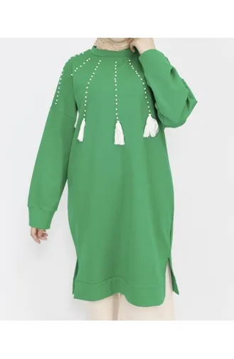 2 İp Kumaş İnci Ve Püskül Detaylı Sweatshirt 6950-02 Yeşil