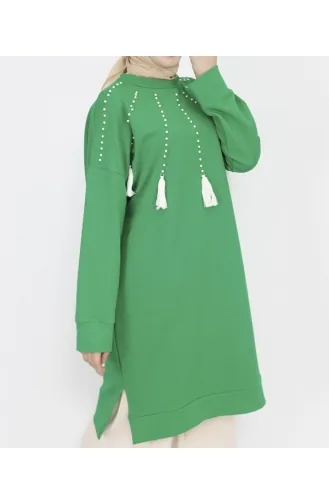 2 İp Kumaş İnci Ve Püskül Detaylı Sweatshirt 6950-02 Yeşil