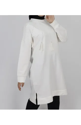 2 İp Kumaş İnci Ve Püskül Detaylı Sweatshirt 6950-03 Ekru