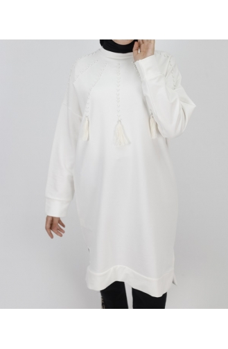 2 Thread Fabric Pearl And Tassel Detailed Sweatshirt 6950-03 Ecru 6950-03