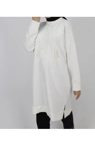 2 İp Kumaş İnci Ve Püskül Detaylı Sweatshirt 6950-03 Ekru