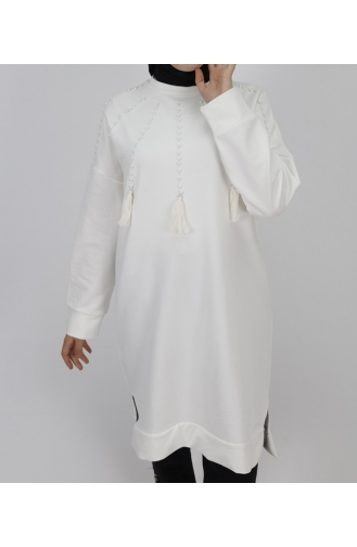 2 Thread Fabric Pearl And Tassel Detailed Sweatshirt 6950-03 Ecru 6950-03