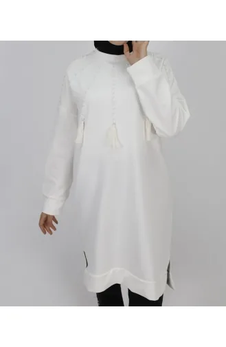 2 İp Kumaş İnci Ve Püskül Detaylı Sweatshirt 6950-03 Ekru