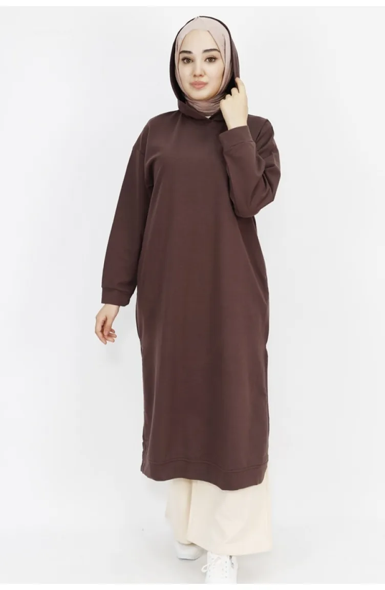 2 Thread Fabric Hooded Slit Detailed Sweatshirt 3007-01 Brown 3007-01