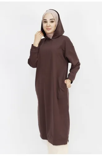 2 Thread Fabric Hooded Slit Detailed Sweatshirt 3007-01 Brown 3007-01
