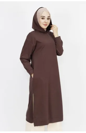 2 Thread Fabric Hooded Slit Detailed Sweatshirt 3007-01 Brown 3007-01