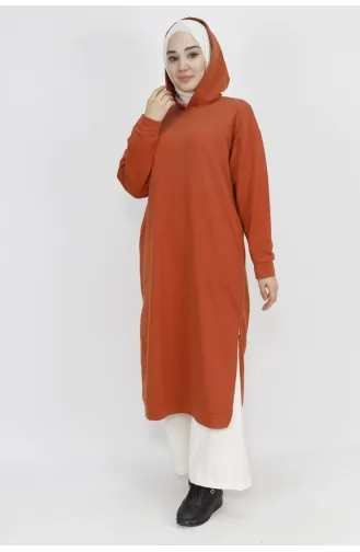 2 İp Kumaş Kapüşonlu Yırtmaç Detaylı Sweatshirt 3007-03 Kiremit