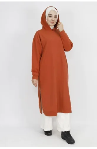 2 İp Kumaş Kapüşonlu Yırtmaç Detaylı Sweatshirt 3007-03 Kiremit