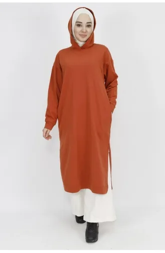 2 İp Kumaş Kapüşonlu Yırtmaç Detaylı Sweatshirt 3007-03 Kiremit