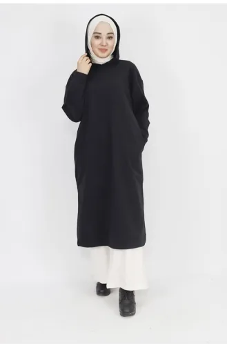 2 İp Kumaş Kapüşonlu Yırtmaç Detaylı Sweatshirt 3007-04 Siyah