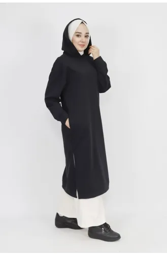 2 İp Kumaş Kapüşonlu Yırtmaç Detaylı Sweatshirt 3007-04 Siyah