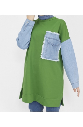 2 İp Kumaş Kot Cep Detaylı Sweatshirt 6957-01 Haki