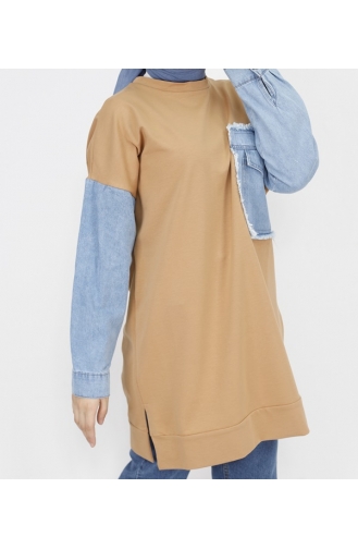 2 İp Kumaş Kot Cep Detaylı Sweatshirt 6957-02 Camel