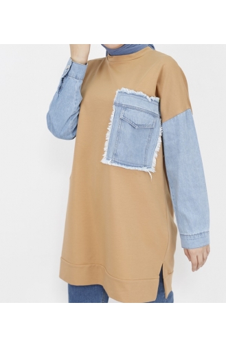 2 İp Kumaş Kot Cep Detaylı Sweatshirt 6957-02 Camel