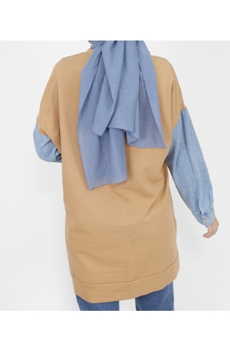 2 Thread Fabric Denim Pocket Detailed Sweatshirt 6957-02 Camel 6957-02