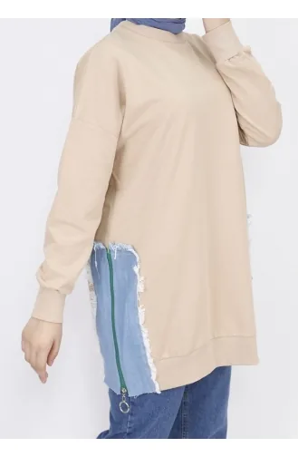 Sweat Tissu 2 Fils Denim Garni Et Imprimé 23288-01 Beige 23288-01