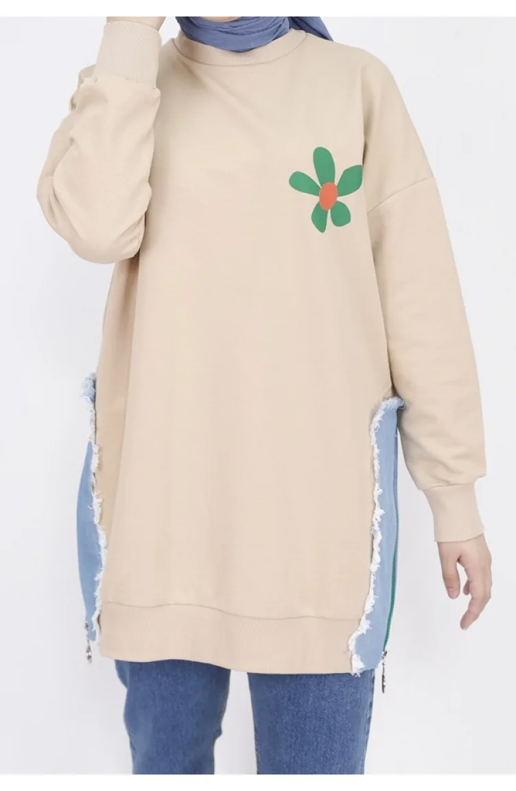 Sweat Tissu 2 Fils Denim Garni Et Imprimé 23288-01 Beige 23288-01
