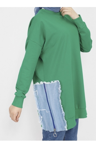 2 Thread Fabric Denim Garnished And Printed Sweatshirt 23288-02 Green 23288-02