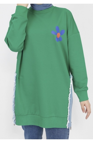 2 Thread Fabric Denim Garnished And Printed Sweatshirt 23288-02 Green 23288-02