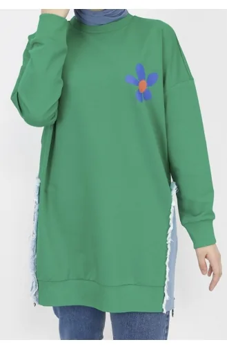 2 Thread Fabric Denim Garnished And Printed Sweatshirt 23288-02 Green 23288-02
