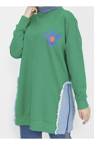 2 Thread Fabric Denim Garnished And Printed Sweatshirt 23288-02 Green 23288-02