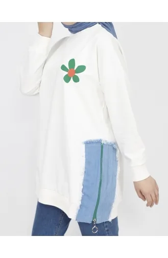 2 İp Kumaş Kot Garnili Ve Baskılı Sweatshirt 23288-03 Ekru