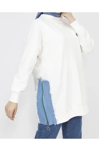 2 İp Kumaş Kot Garnili Ve Baskılı Sweatshirt 23288-03 Ekru