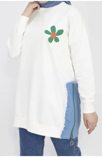 2 İp Kumaş Kot Garnili Ve Baskılı Sweatshirt 23288-03 Ekru