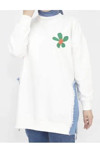 2 İp Kumaş Kot Garnili Ve Baskılı Sweatshirt 23288-03 Ekru