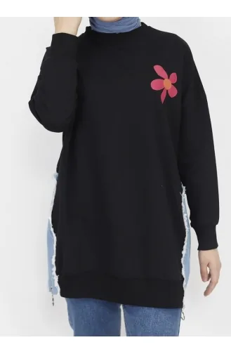 2 İp Kumaş Kot Garnili Ve Baskılı Sweatshirt 23288-04 Siyah