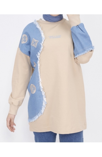 2 Thread Fabric Sweatshirt With Denim Garnish And Embroidery Detail 23298-01 Beige 23298-01