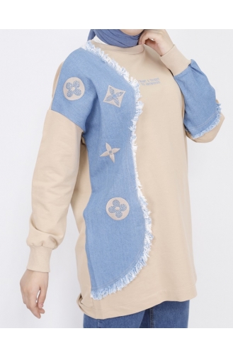 2 Thread Fabric Sweatshirt With Denim Garnish And Embroidery Detail 23298-01 Beige 23298-01