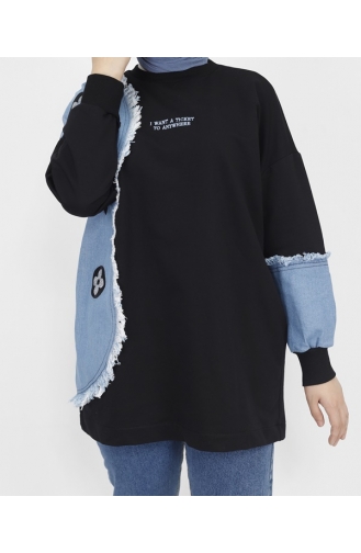 Sweat Tissu 2 Fils Avec Garniture Denim Et Détail Broderie 23298-03 Noir 23298-03