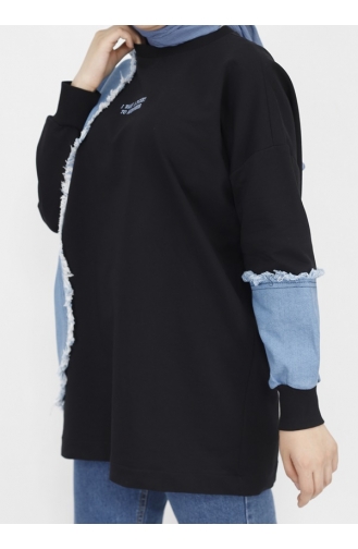 Sweat Tissu 2 Fils Avec Garniture Denim Et Détail Broderie 23298-03 Noir 23298-03