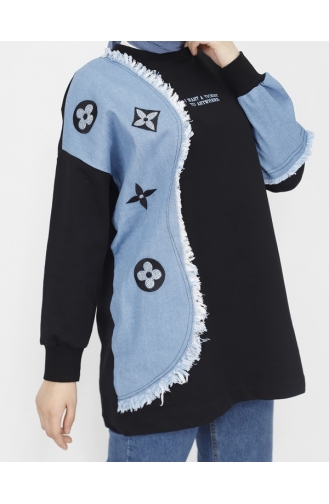 Sweat Tissu 2 Fils Avec Garniture Denim Et Détail Broderie 23298-03 Noir 23298-03