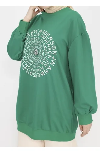 2 Thread Fabric Sweatshirt With Embroidery Text And Stone Detail 71143-02 Green 71143-02