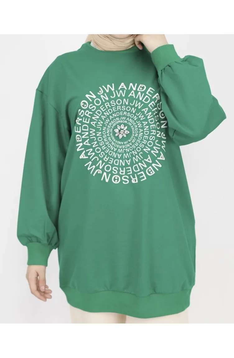 2 Thread Fabric Sweatshirt With Embroidery Text And Stone Detail 71143-02 Green 71143-02
