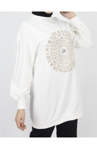 2 Thread Fabric Embroidery Text And Stone Detailed Sweatshirt 71143-03 Ecru 71143-03