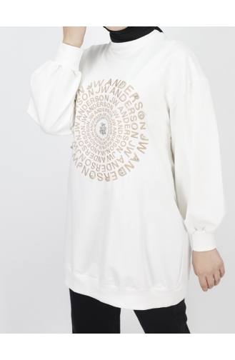 2 Thread Fabric Embroidery Text And Stone Detailed Sweatshirt 71143-03 Ecru 71143-03