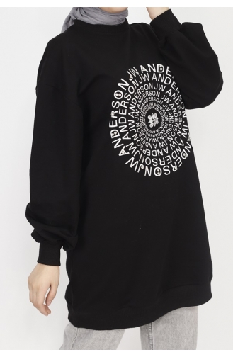 2 Thread Fabric Embroidery Text And Stone Detailed Sweatshirt 71143-04 Black 71143-04