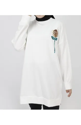 2 İp Kumaş Pul İşleme Detaylı Sweatshirt 6972-02 Ekru