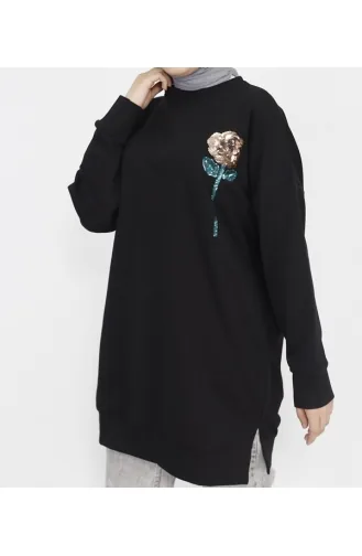 2 İp Kumaş Pul İşleme Detaylı Sweatshirt 6972-03 Siyah